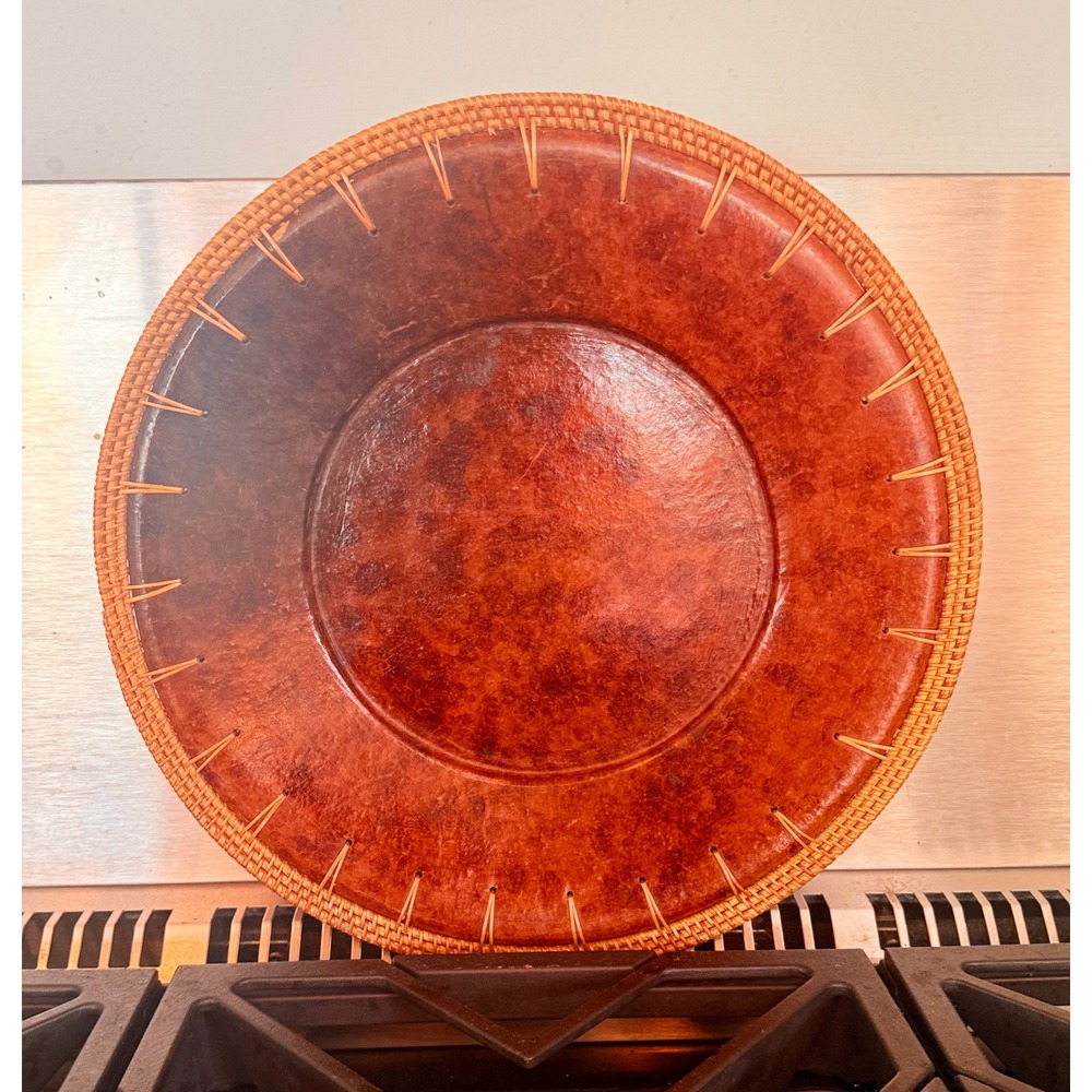 Vintage Faux Tortoise Decorative‎ Charger Plate Woven Rattan Rim 14" Indonesia